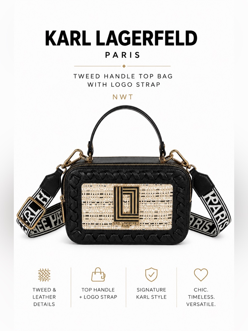 Karl Lagerfeld Black and Cream Tweed Handle top Bag crossbody strap included NWT